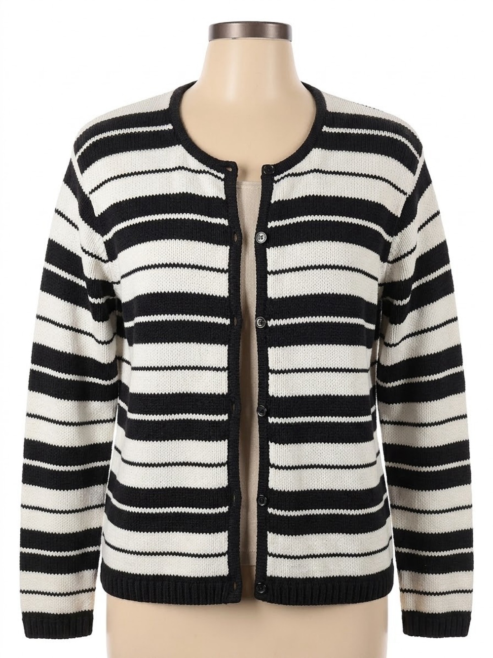 Talbots Black and White Striped Button-Front Cardigan Large